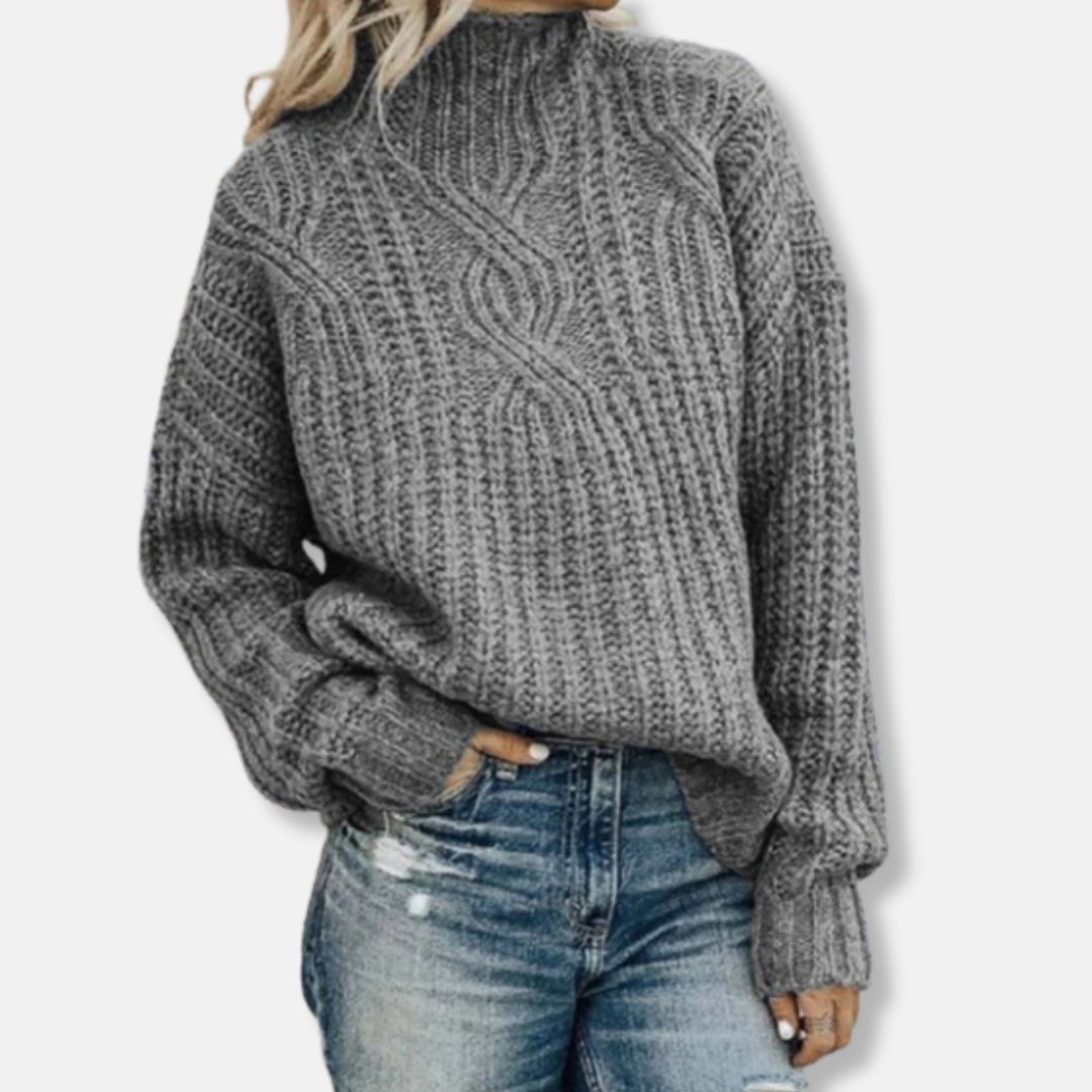 Women’s Pullover Sweater – Wool Cable Knit – High Neck – Relaxed Fit – Long Sleeve