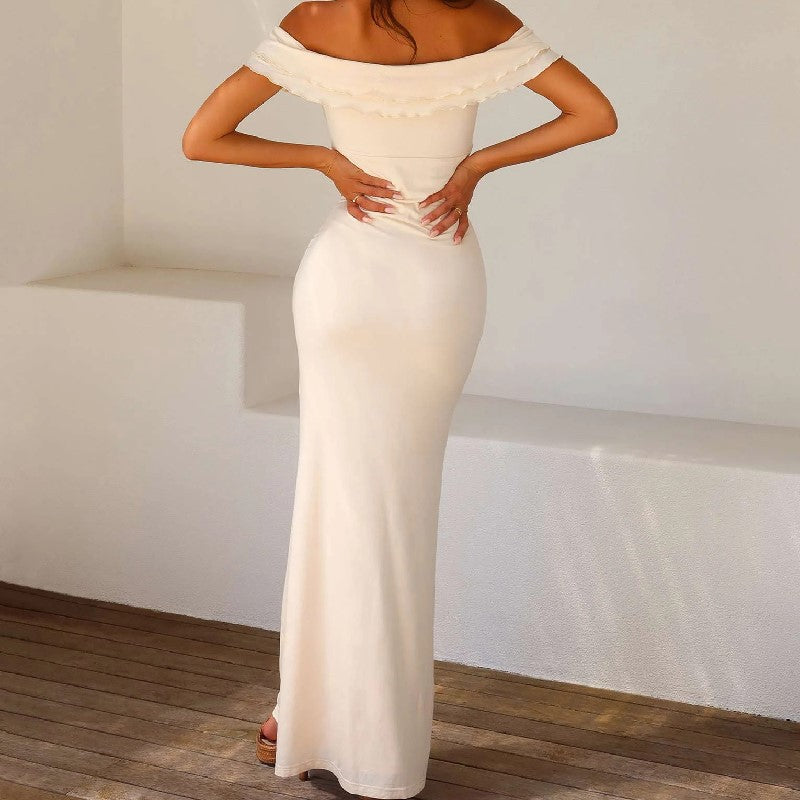 Satin Finish Off-Shoulder Ruffle Maxi Dress
