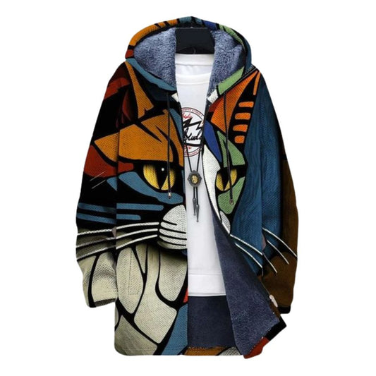 Cat Design Hooded Multicolor Cardigan