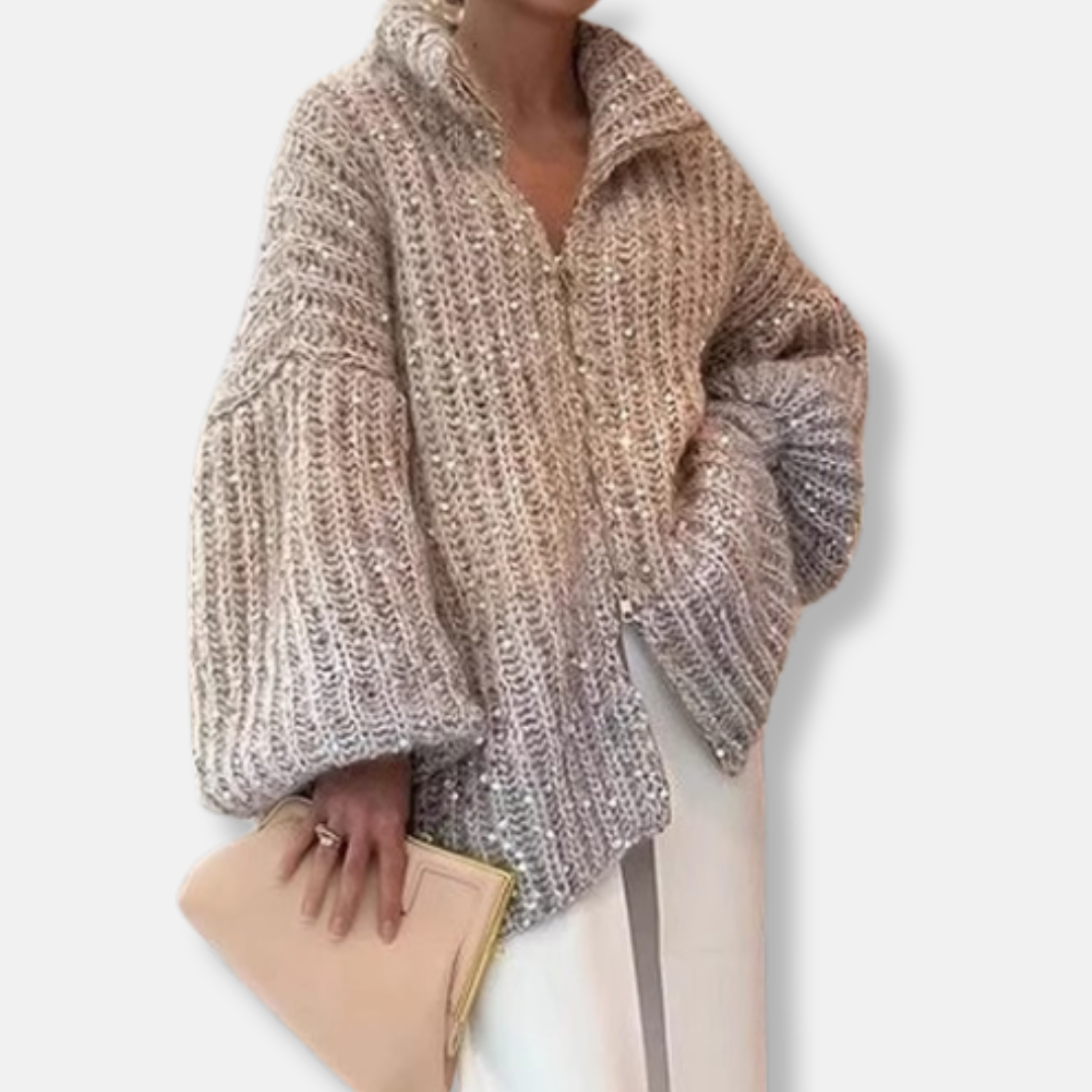 Oversized Wool Sequin Puff Sleeve Cardigan