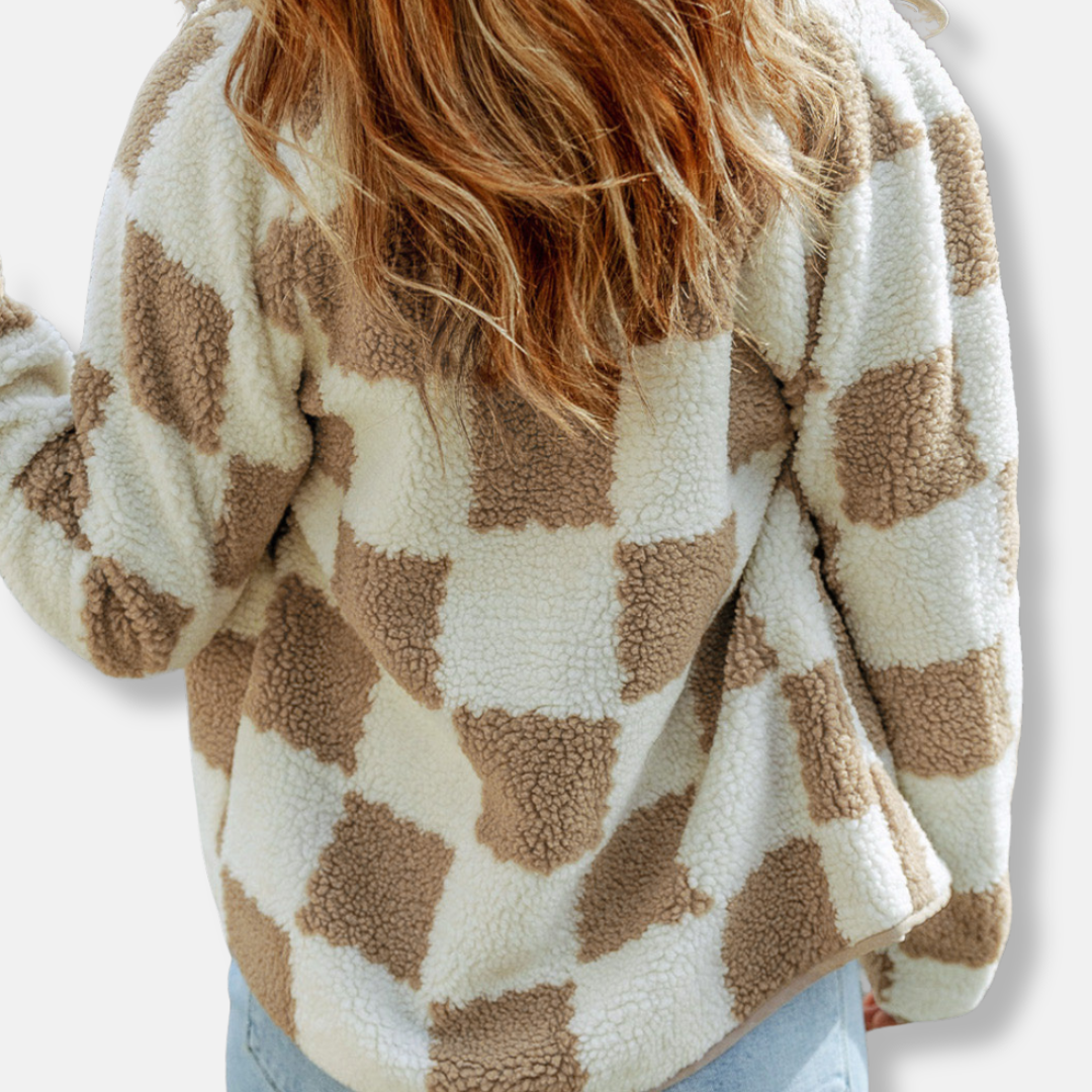 Isla Fleece Relaxed Fit Sherpa Jacket | Collared Check Sherpa Jacket