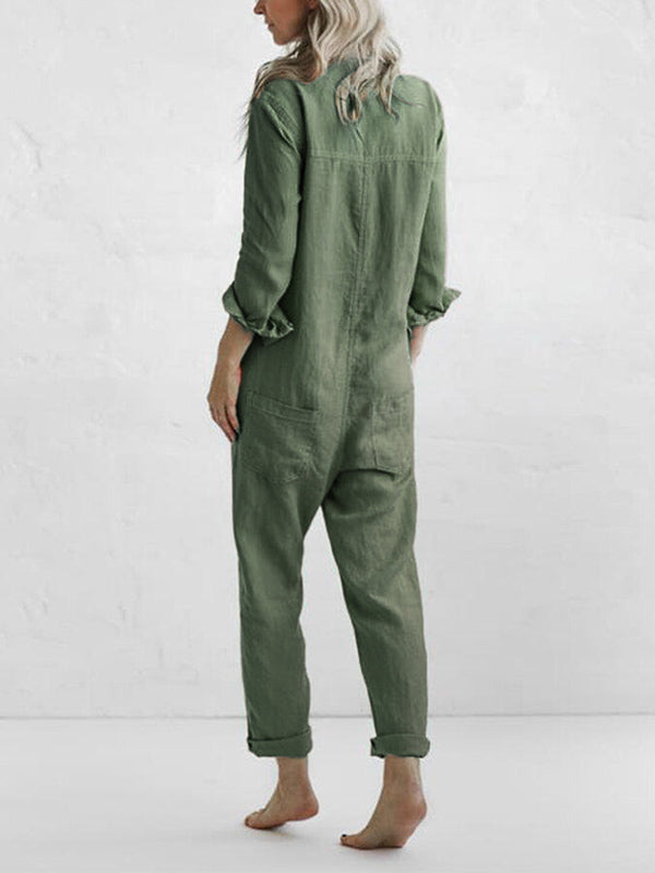 Women's Linen Jumpsuit - Button Down - Relaxed Fit - Long Sleeve - Breathable Fabric