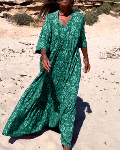 Women’s Maxi Dress – Loose Fit – V-Neck – Elbow Sleeve – Boho Print – Breathable Blend