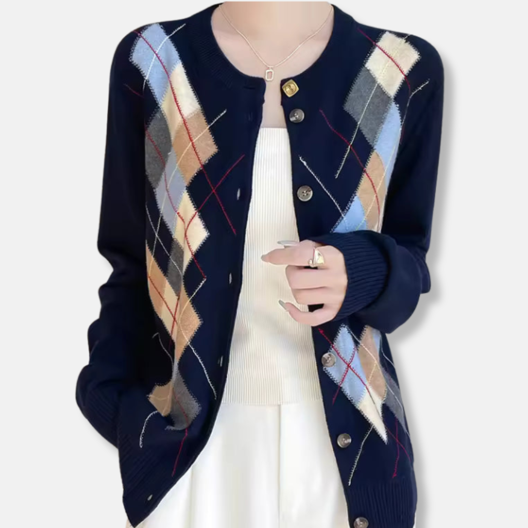 Women’s Cardigan Sweater - Fine Gauge Knit - Argyle Pattern - Crew Neck - Ribbed Cuffs