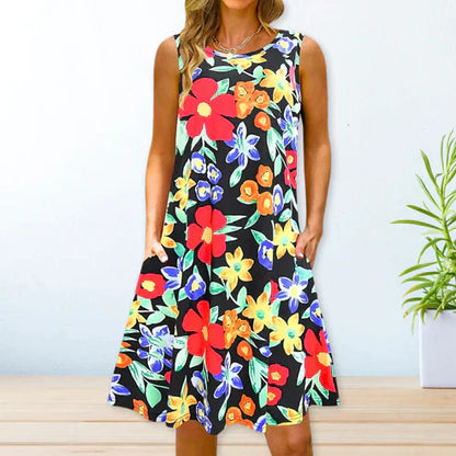 Women's Sleeveless A-Line Dress - Floral Print - Round Neck - Casual Loose Fit