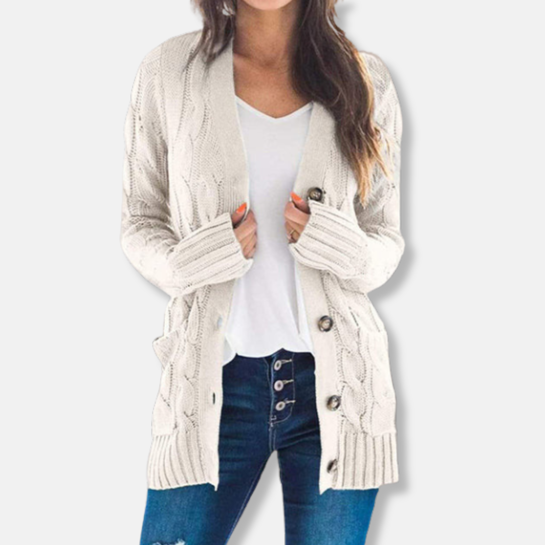 Isabella Wool Cable Knit Cardigan Sweater | Relaxed Fit Button Front Sweater