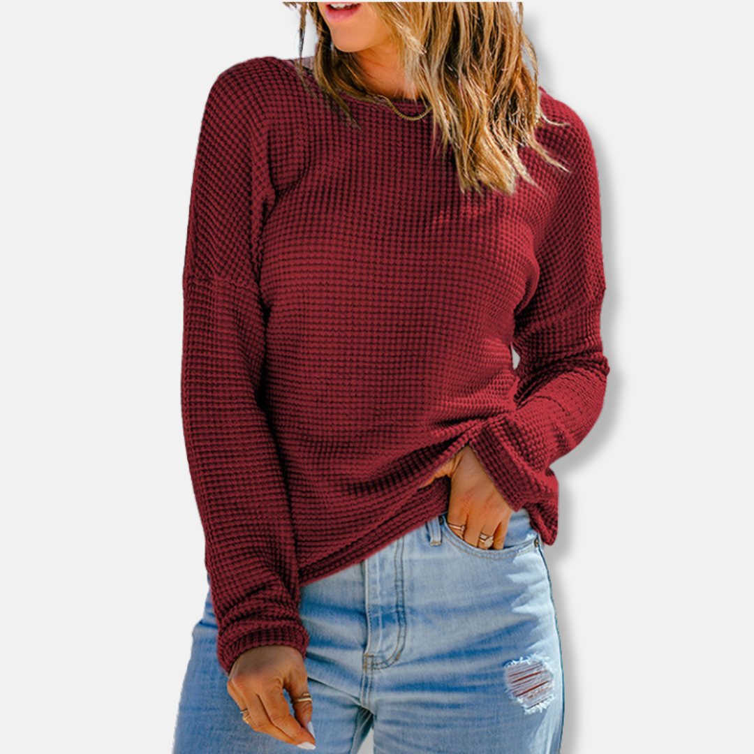 Women’s Long Sleeve Top – Waffle Knit – Relaxed Fit – Drop Shoulder – Ribbed Cuffs