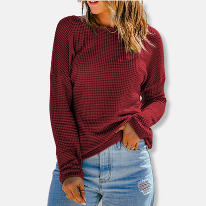 Women’s Long Sleeve Top – Waffle Knit – Relaxed Fit – Drop Shoulder – Ribbed Cuffs