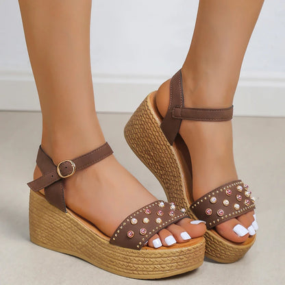Women's Wedge Sandals - Adjustable Ankle Strap - Studded Forefoot - Comfortable Heel