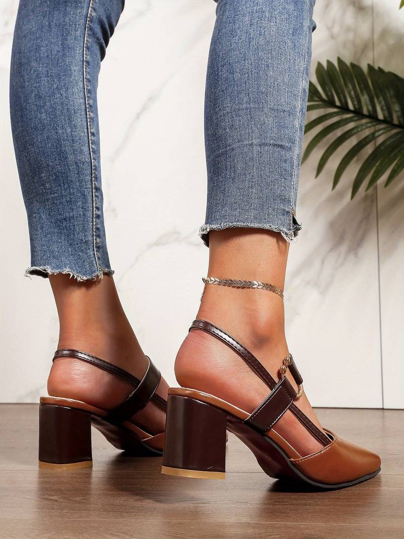 Women's Slingback Heels - Pointed Toe - Block Heel - Adjustable Strap Elegant Design