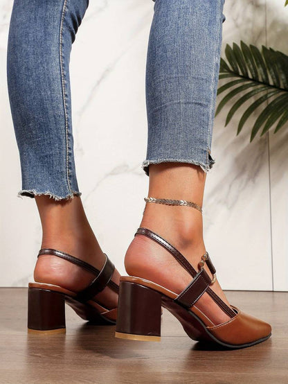 Women's Slingback Heels - Pointed Toe - Block Heel - Adjustable Strap Elegant Design