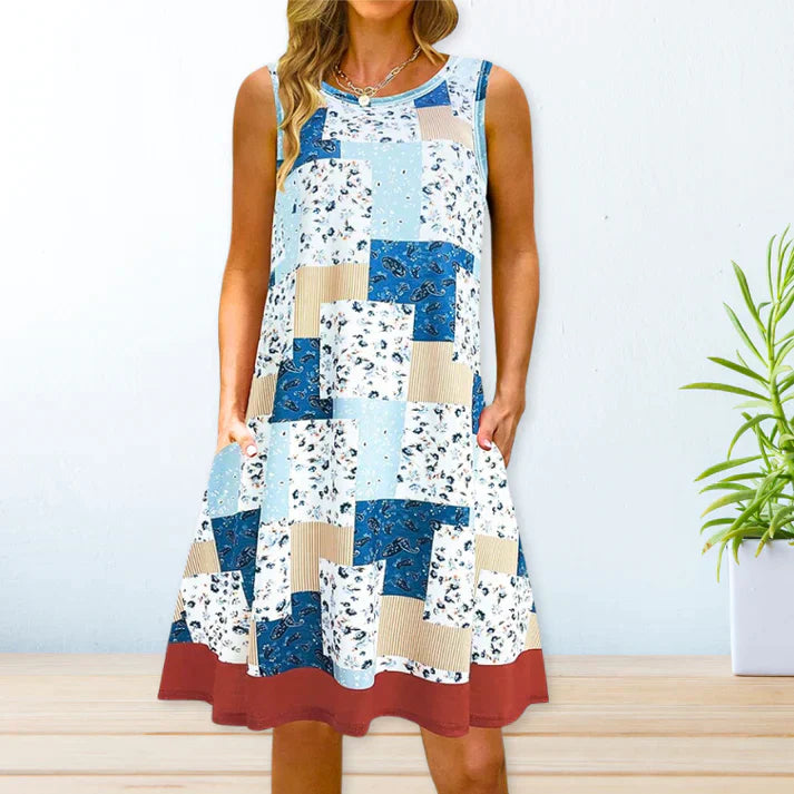 Women's A-Line Dress - Sleeveless Bohemian Paisley - Knee-Length with Pockets