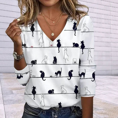 Women's v-neck long sleeve cat print sweater