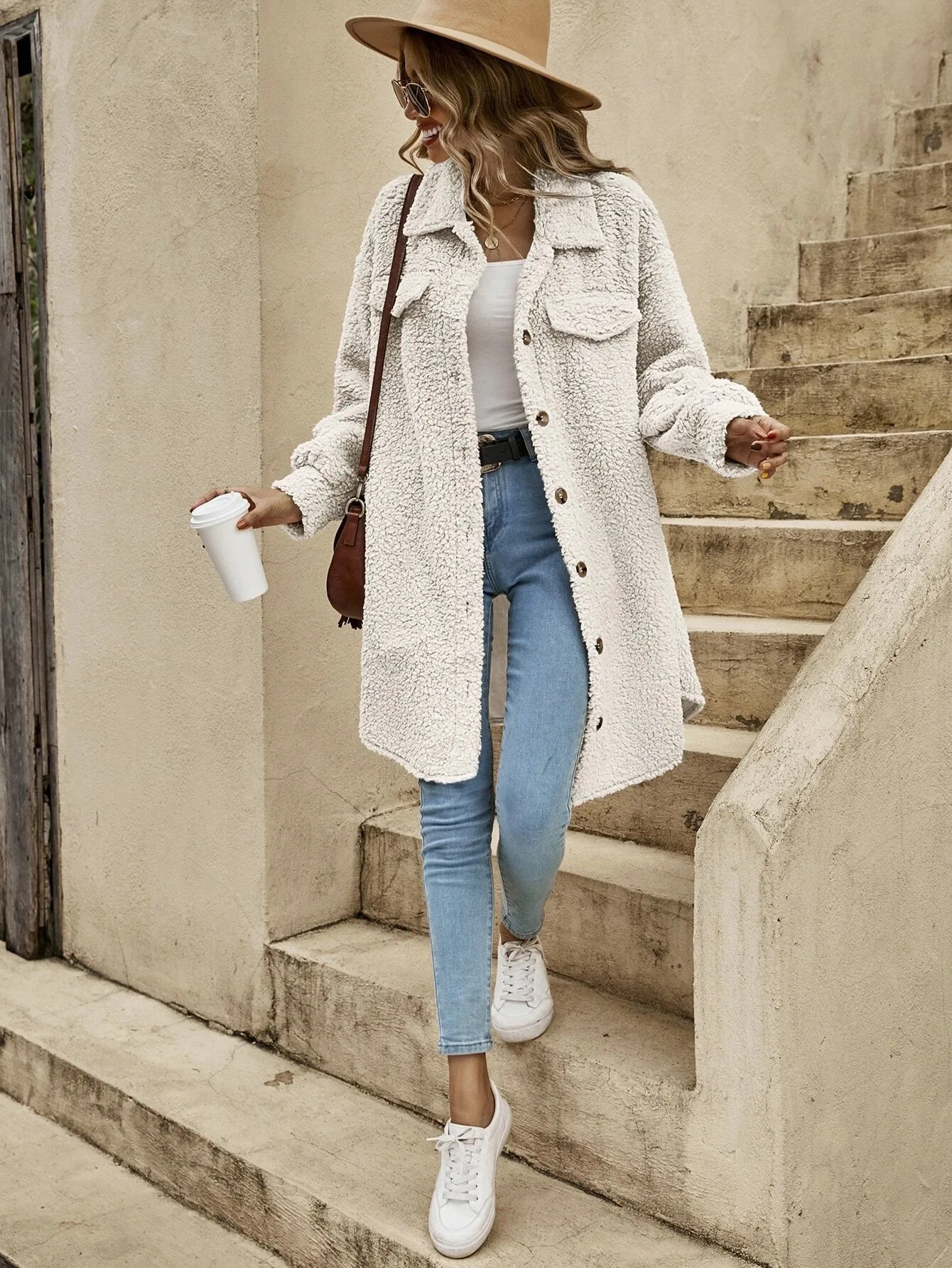 Women’s Teddy Coat - Sherpa Fleece - Oversized Fit - Button Front - Longline Casual Style