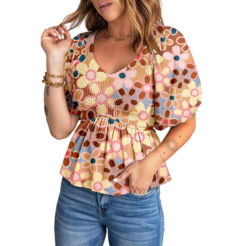 Women's Blouse - V-Neck - Puff Sleeve - Smocked Waist - Floral Print Peplum