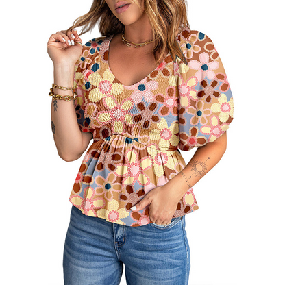 Women's Blouse - V-Neck - Puff Sleeve - Smocked Waist - Floral Print Peplum
