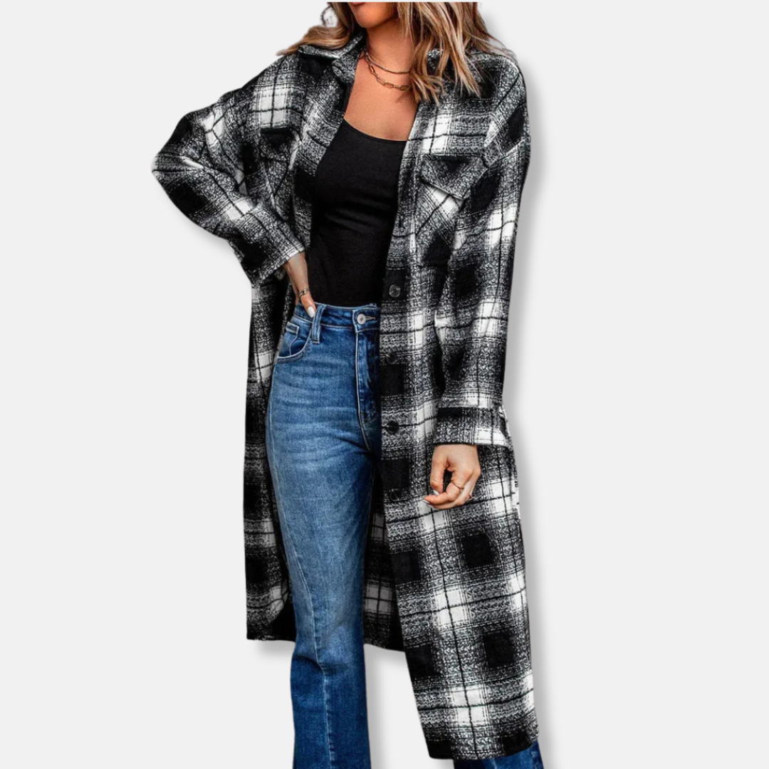 Women’s Long Cardigan Shacket – Oversized Relaxed Fit – Plaid – Button Front – Chest Pockets