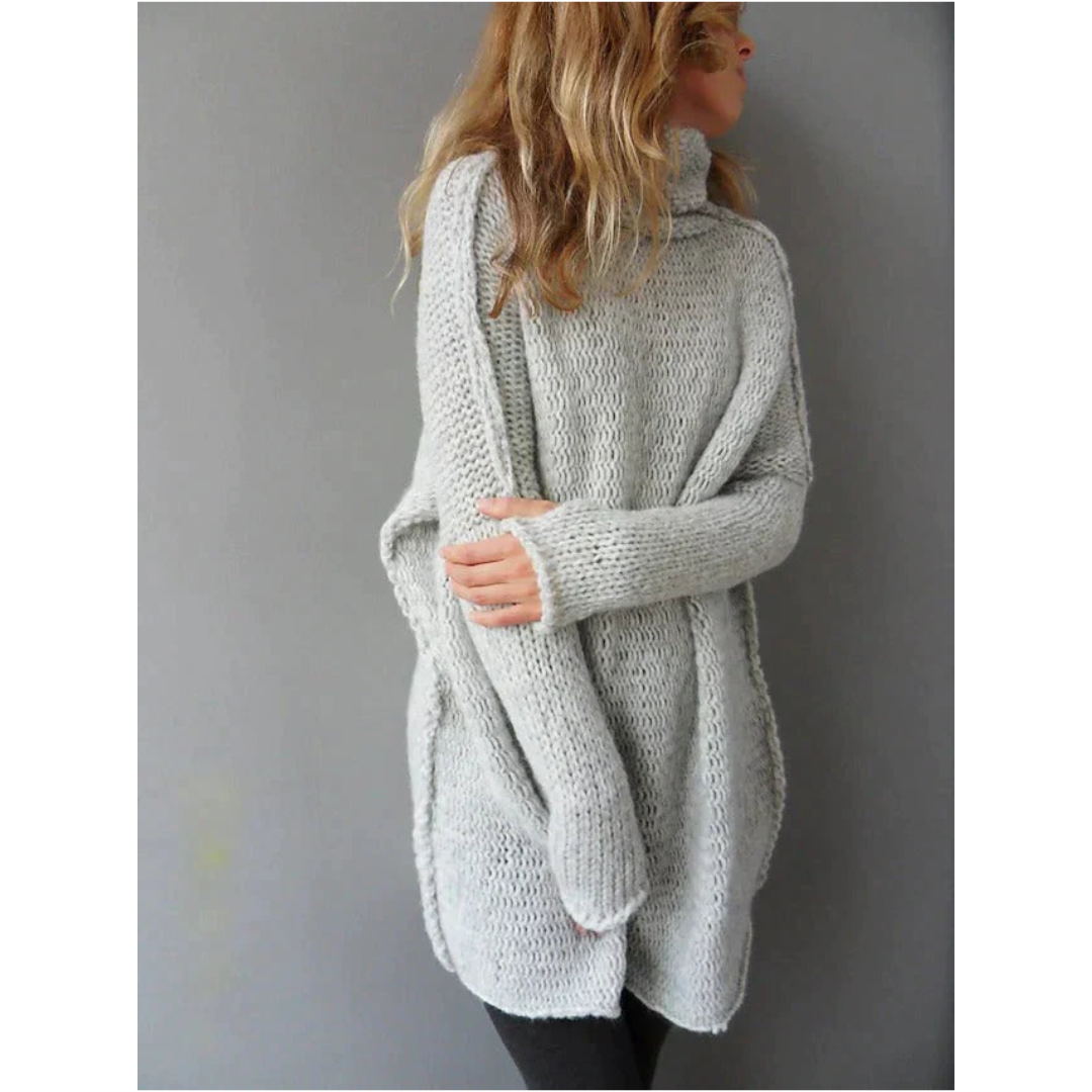 Women’s Knitted Sweater – Oversized Fit – Chunky Open Knit – High Neck Tunic Length