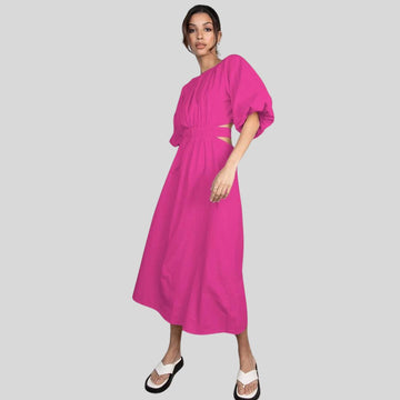 Women's Midi Dress - Puff Sleeve - Cut-Out Waist - A-Line Flowy Silhouette