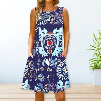 Women's A-Line Dress - Sleeveless Bohemian Paisley - Knee-Length with Pockets