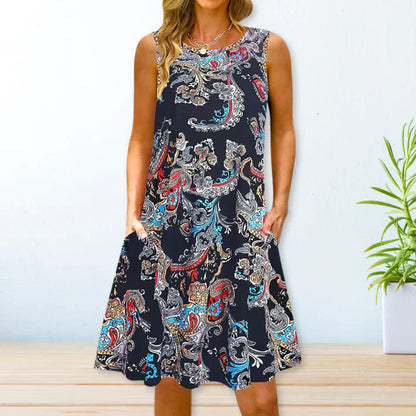 Women's A-Line Dress - Sleeveless Bohemian Paisley - Knee-Length with Pockets
