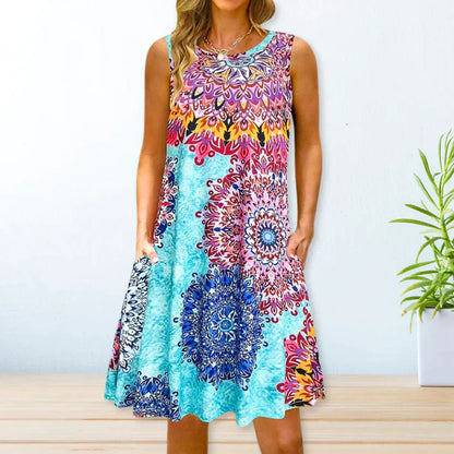 Women's A-Line Dress - Sleeveless Bohemian Paisley - Knee-Length with Pockets