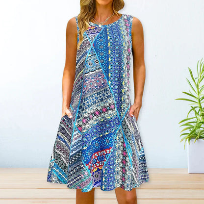 Women's Sleeveless A-Line Dress - Floral Print - Round Neck - Casual Loose Fit