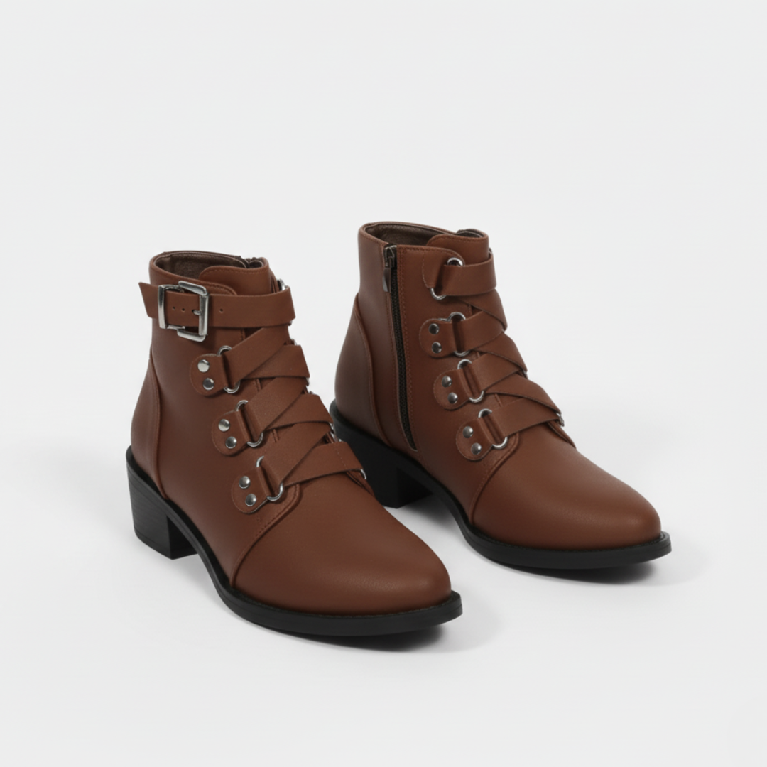 Women’s Ankle Boots - Faux Leather - Side Zipper - Buckle Strap - Block Heel
