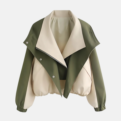 Women’s Short Jacket – Oversized Relaxed Fit – Two-Tone – Blouson Hem – Wide Lapel