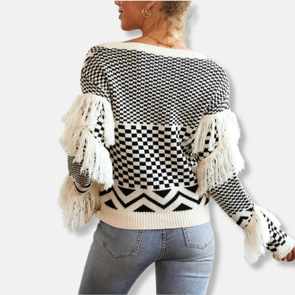 Women’s Sweater – Wool Knit – V-Neck – Relaxed Fit – Fringe Trim – Geometric Design