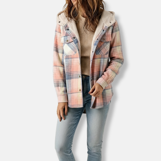 Women’s Hooded Shacket - Oversized Relaxed Fit - Sherpa Lined Collar and Hood - Snap Button Closure