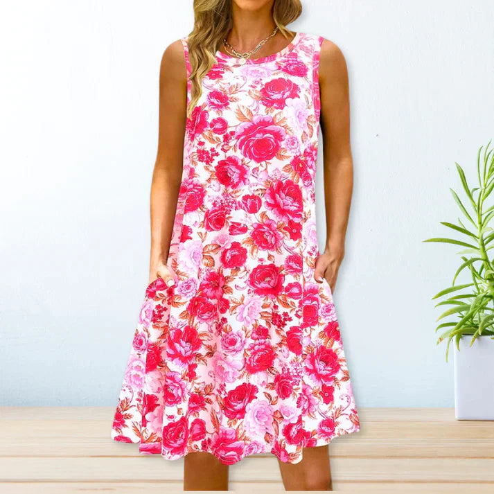 Women's Sleeveless A-Line Dress - Floral Print - Round Neck - Casual Loose Fit