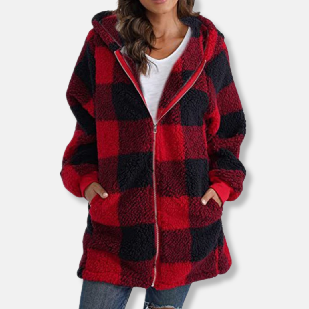 Women’s Hooded Jacket – Oversized Fit – Soft Knit – Full Zip – Checkered Mid-Thigh Length