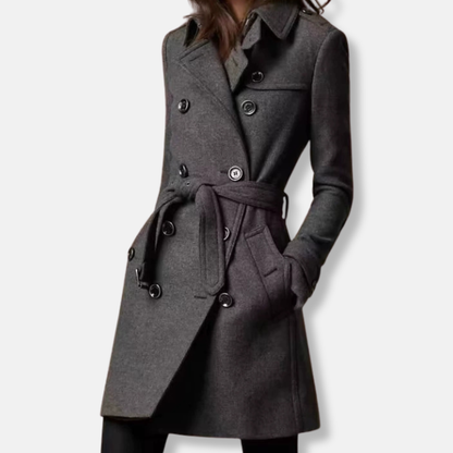 Women’s Coat – Slim Fit – Double-Breasted – Belted Waist – Mid-Thigh