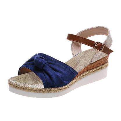 Women's Wedge Sandals - Espadrille Jute Heel - Knotted Toe Strap - Adjustable Buckle