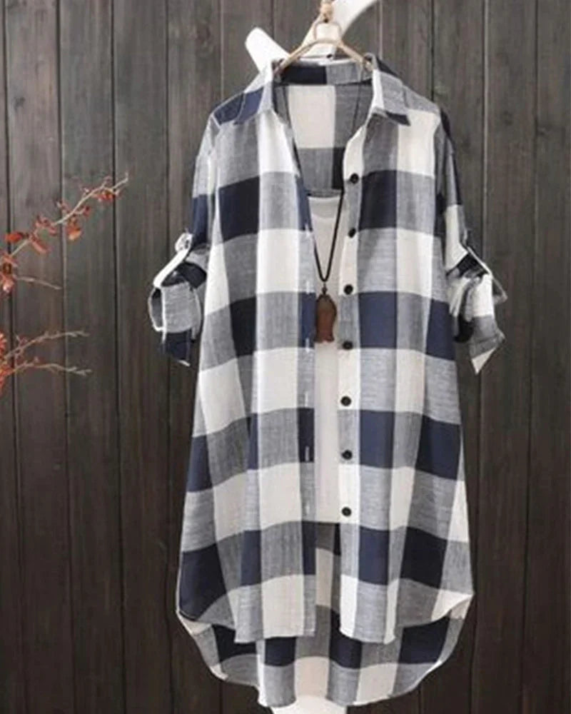 Women's Plaid Tunic Shirt - Oversized Fit - Button-Up Long Sleeve Casual Wear