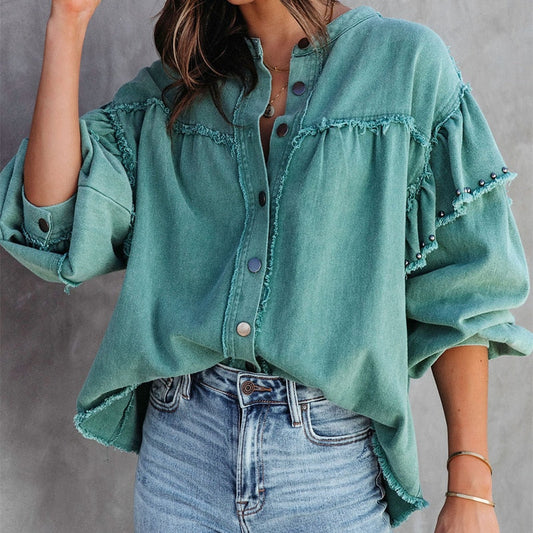 Frayed Hem Oversized Denim Shirt