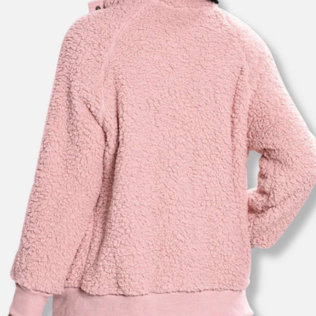 Isla Relaxed Fit Fleece Jacket | Stand Collar Button Front Jacket