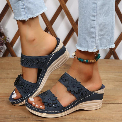 Women's Wedge Sandals - Double Strap - Floral Accents - Cushioned Sole