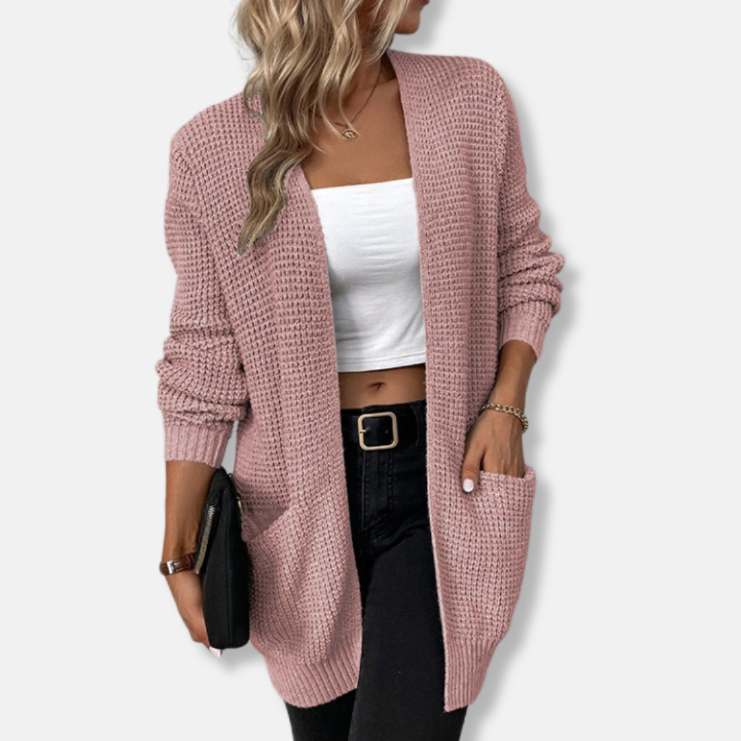 Waffle Knit Relaxed Fit Long Sleeve Cardigan 