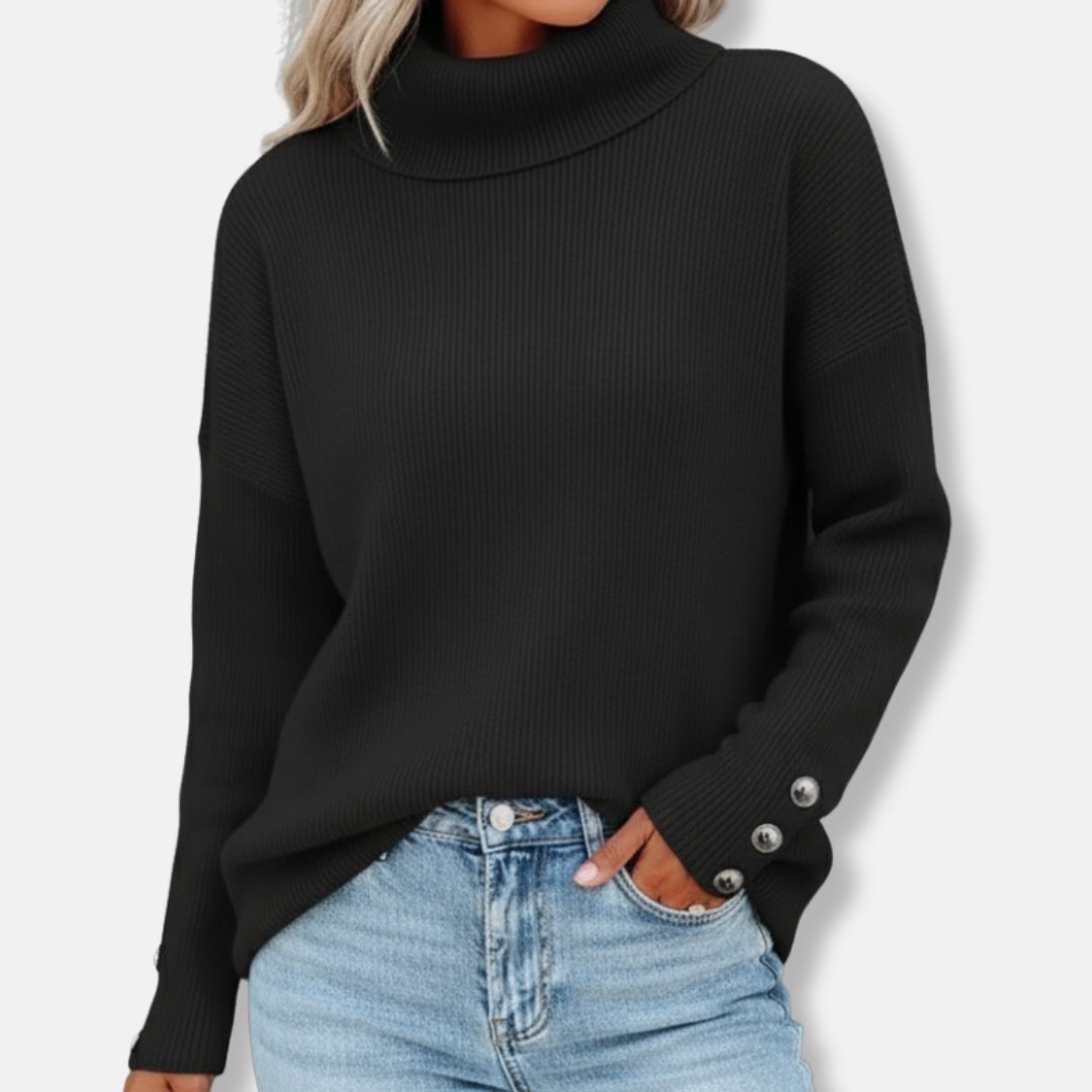 Olivia Oversized Turtleneck Sweater | Ribbed Button Cuff Sweater