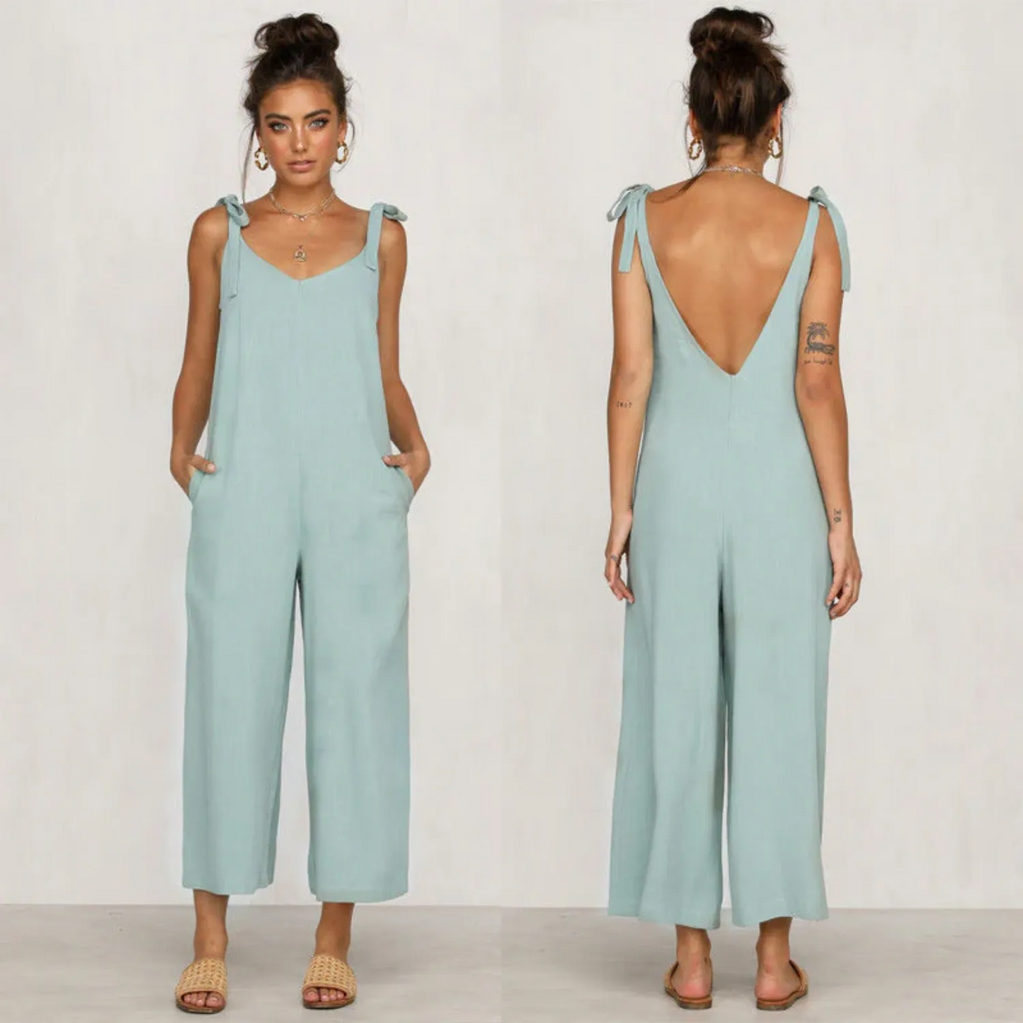Women's Jumpsuit - Sleeveless Wide-Leg - Scoop Neck with Shoulder Tie Straps