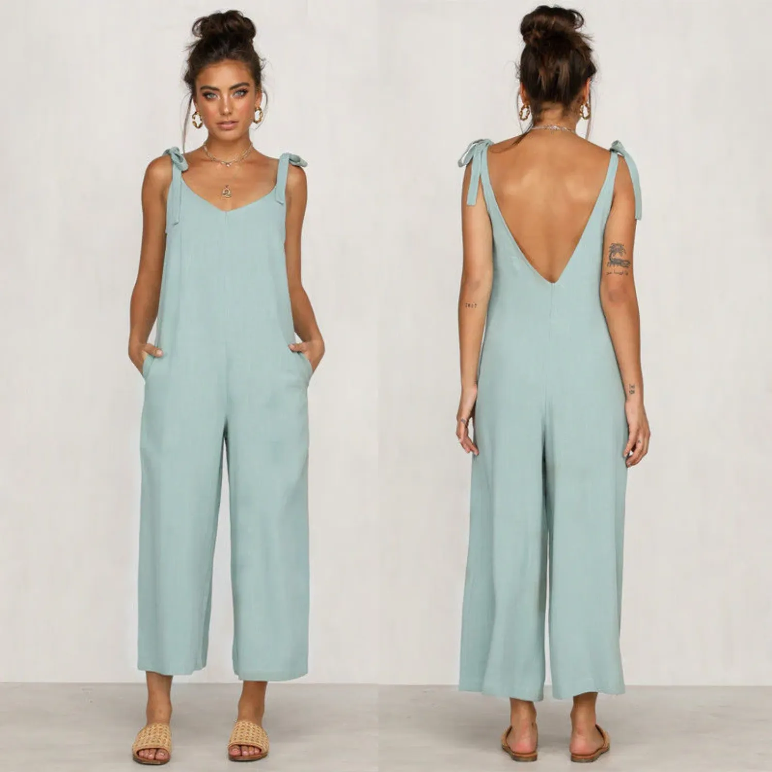 Sleeveless Wide-Leg Shoulder Tie Jumpsuit