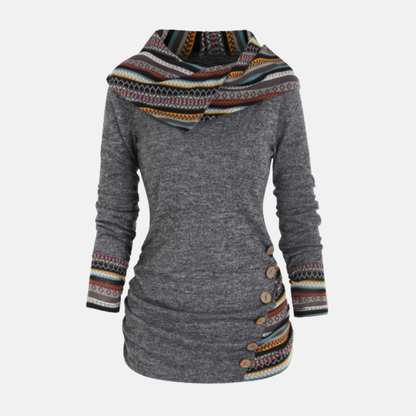 Women’s Hooded Top – Knit Fabric – Fitted Silhouette – Tribal Pattern Accents