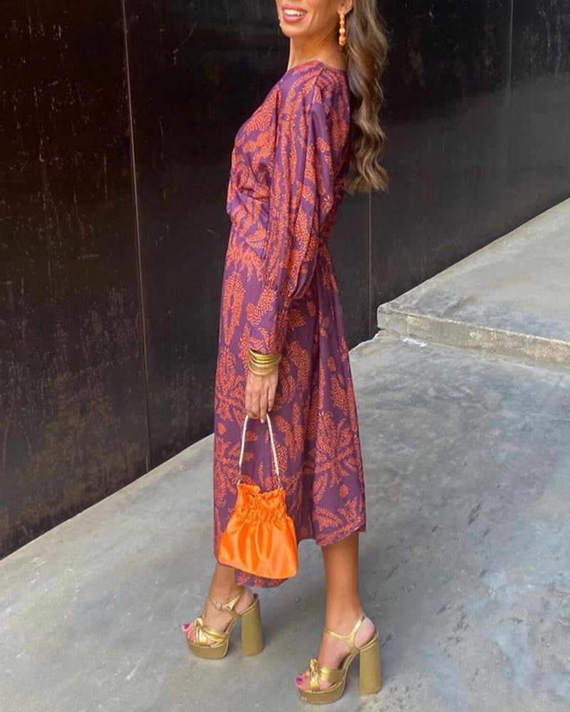 Women's Wrap Dress - Knee-Length - Long Sleeve - V-Neck Elegant Floral Print