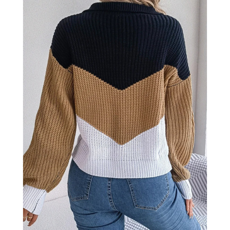 Women's contrast color lapel knitted pullover sweater