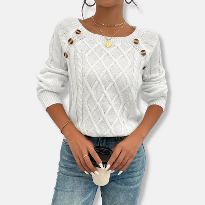 Women’s Knit Top – Relaxed Fit – Cable Knit Texture – Dropped Shoulder – Button Detail