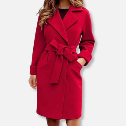Women’s Trench Coat – Tailored Fit – Wool Feel – Belted Waist – Lapel Collar – Knee Length