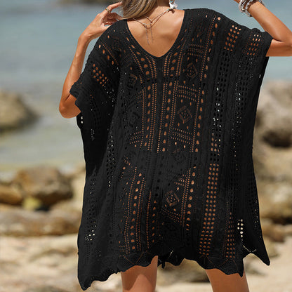 Women’s Beach Cover-Up – Soft Knit – Open Knit – Loose Fit – Mini Length – Short Sleeve