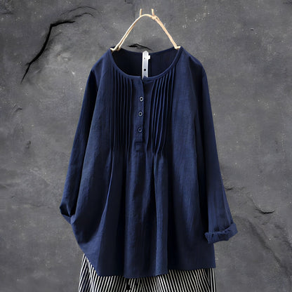 Women's Blouse - Loose Fit - Crew Neck - Button Front - Long Sleeve Pleated Design